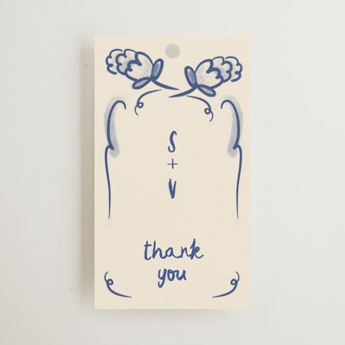 This is a marseille blue wedding favor tags with standard by Ani Somi called santa catalina printing on signature in tag