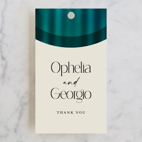 This is a teal wedding favor tags with standard by Heather Schertzer called spectrum printing on signature in tag