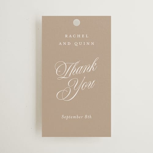 This is a ivory wedding favor tags with standard by Paper Raven Co. called vintage romance printing on signature in tag