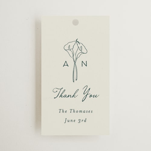 This is a sage wedding favor tags with standard by Leah Bisch called pair of calla lilies printing on signature in tag