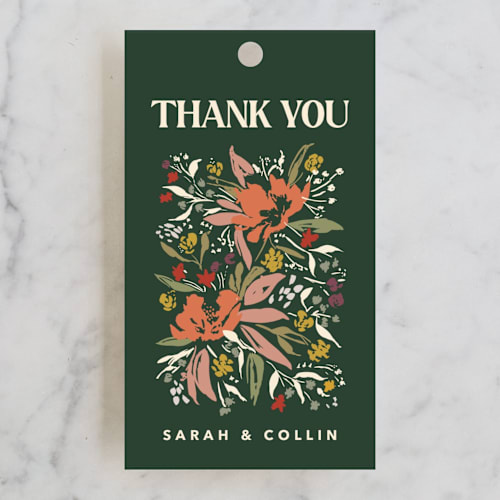 This is a verde wedding favor tags with standard by Kindred Fields called bridal bouquet printing on signature in tag