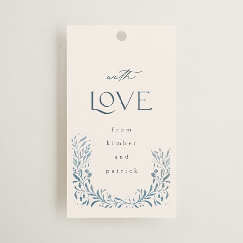 This is a delft blue wedding favor tags with standard by Ashley DeMeyere called porcelain printing on signature in tag