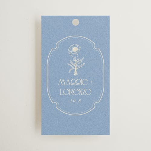 This is a cerulean wedding favor tags with standard by Baumbirdy called flora arch printing on signature in tag