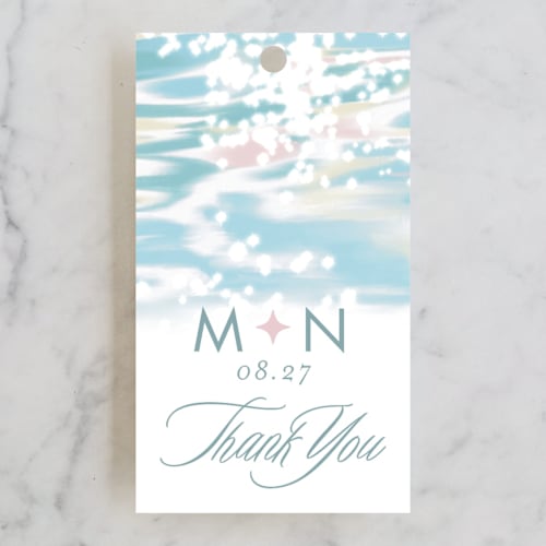This is a rose quartz wedding favor tags with standard by Sam Dubeau called glisten printing on signature in tag