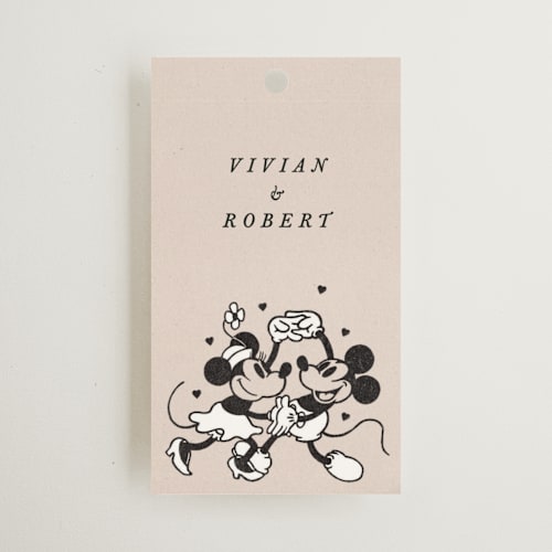 This is a retro wedding favor tags with standard by Sumak Studio called disney's retro mickey mouse and minnie mouse printing on signature in tag