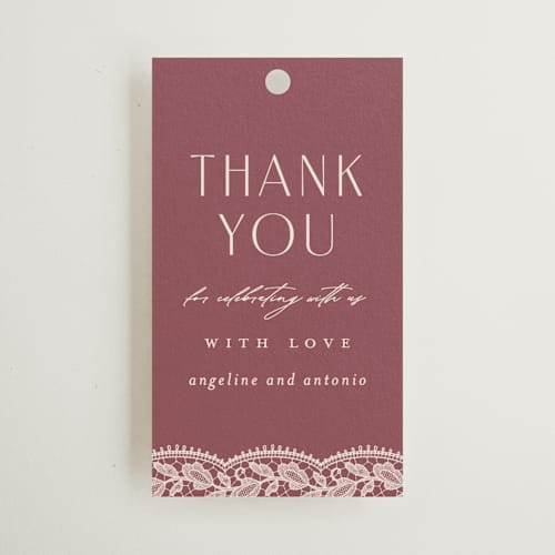 This is a mauve wedding favor tags with standard by Erica Krystek called chantilly printing on signature in tag