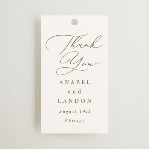 This is a pearl wedding favor tags with standard by Hooray Creative called luxe script printing on signature in tag