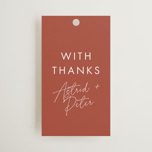 This is a peach cream wedding favor tags with standard by Snow and Ivy called jot printing on signature in tag