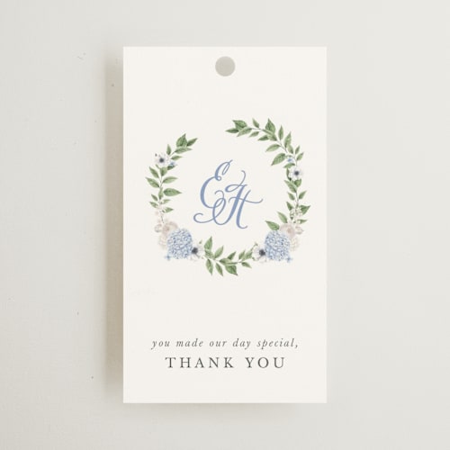 This is a periwinkle wedding favor tags with standard by Design Lotus called sweethearts printing on signature in tag