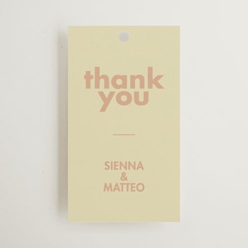 This is a salmon wedding favor tags with standard by Ellen Schlegelmilch called sienna printing on signature in tag