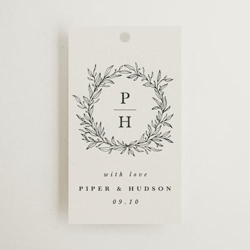 This is a cotton wedding favor tags with standard by Kate Ahn called leafy wreath printing on signature in tag