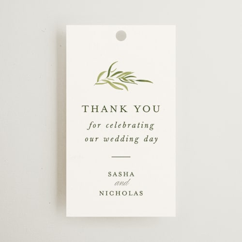 This is a garden wedding favor tags with standard by Leah Bisch called verdure printing on signature in tag