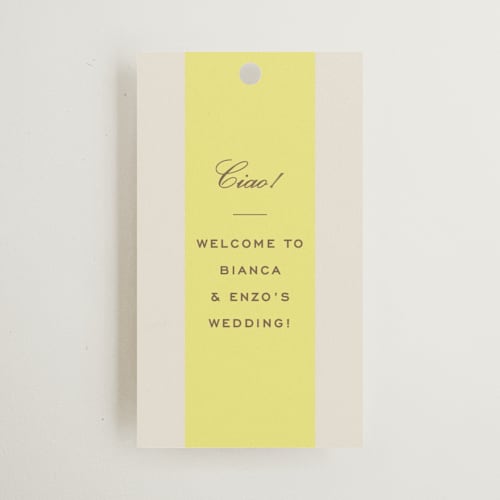 This is a limone wedding favor tags with standard by Megan Davis called campania printing on signature in tag