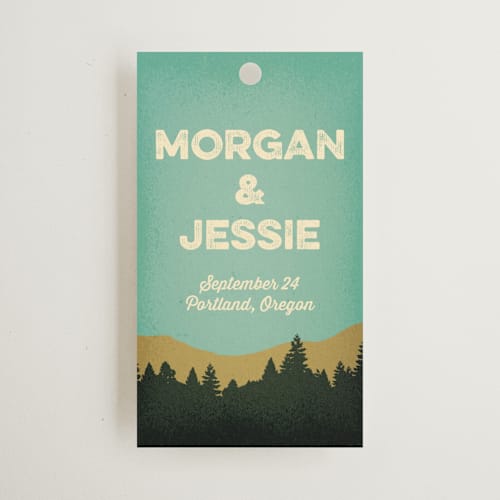 This is a forest wedding favor tags with standard by Nam Bourassa called mountain view printing on signature in tag