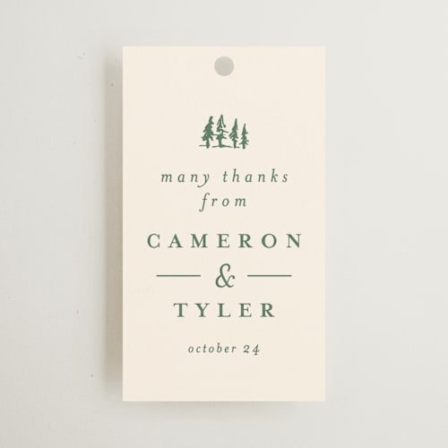 This is a pine wedding favor tags with standard by Amy Kross called blue ridge printing on signature in tag