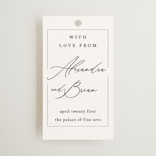 This is a alabaster wedding favor tags with standard by Liz Conley called love story printing on signature in tag