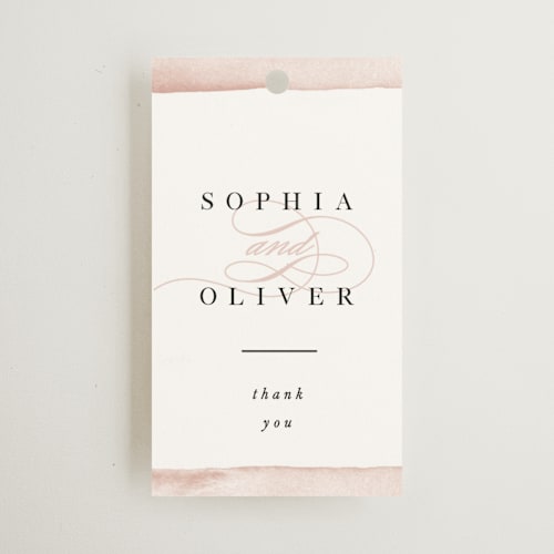 This is a blush wedding favor tags with standard by Pixel and Hank called first love printing on signature in tag
