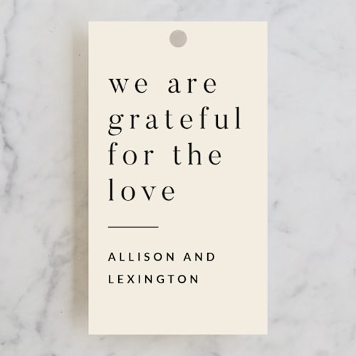 This is a latte wedding favor tags with standard by Jennifer Lew called lineup printing on signature in tag
