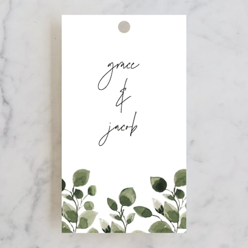This is a snow wedding favor tags with standard by Anupama called green rush printing on signature in tag
