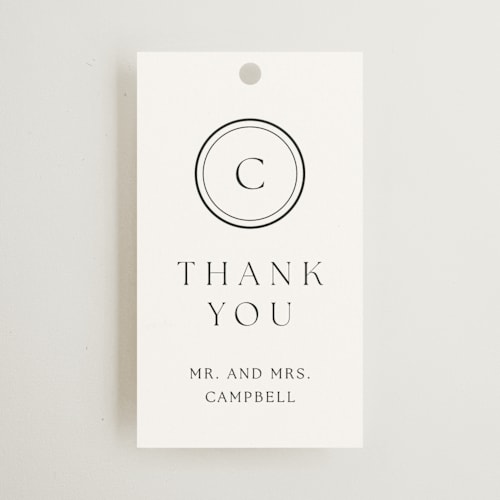 This is a cotton wedding favor tags with standard by Stacey Meacham called circle monogram printing on signature in tag