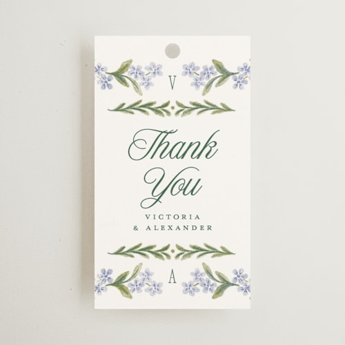 This is a wisteria wedding favor tags with standard by Jenna Holcomb called vintage sketched printing on signature in tag
