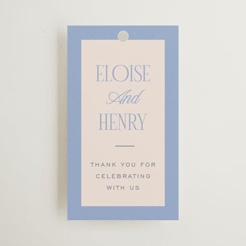 This is a canopy wedding favor tags with standard by Pixel and Hank called threaded printing on signature in tag