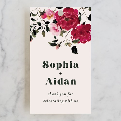 This is a magenta wedding favor tags with standard by Leah Bisch called rose garden printing on signature in tag