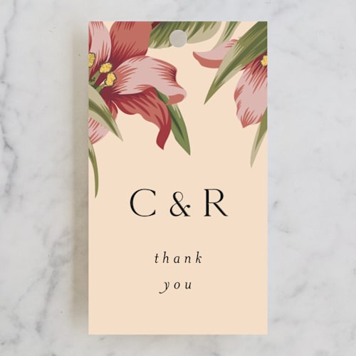 This is a sunrise wedding favor tags with standard by Jennifer Holbrook called tropical flowers printing on signature in tag