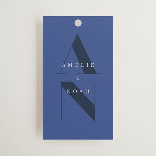 This is a marseille bleu wedding favor tags with standard by Up Up Creative called centro printing on signature in tag