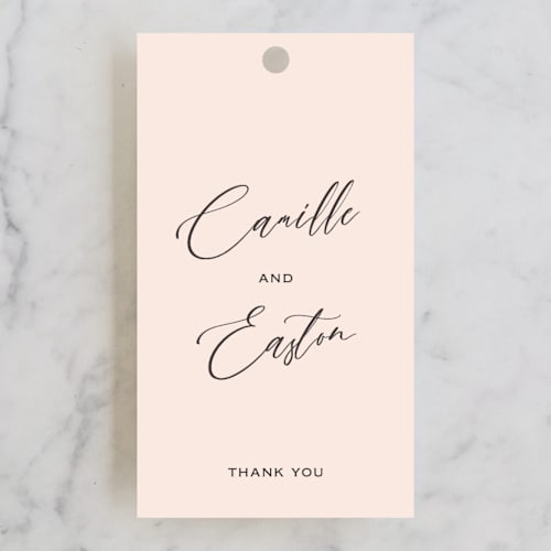 This is a first kiss wedding favor tags with standard by Design Lotus called vision of love printing on signature in tag