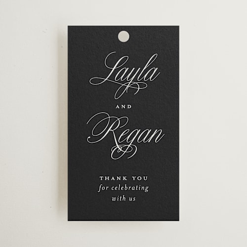 This is a ebony wedding favor tags with standard by Laura Hamm called simply classic printing on signature in tag