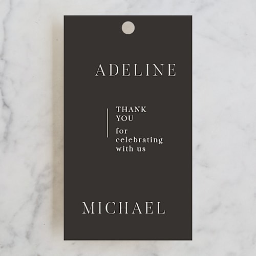 This is a slate wedding favor tags with standard by That Girl Press called around the way printing on signature in tag