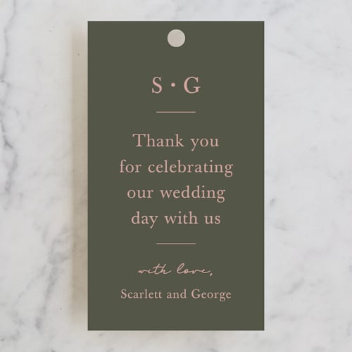 This is a olive branch wedding favor tags with standard by Stacey Meacham called simple type printing on signature in tag