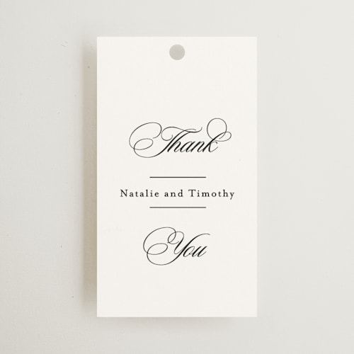 This is a noir wedding favor tags with standard by Kimberly FitzSimons called sincerity printing on signature in tag