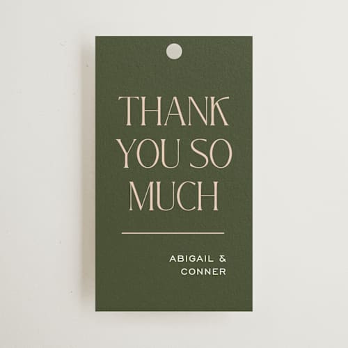 This is a olive wedding favor tags with standard by Pixel and Hank called martini printing on signature in tag
