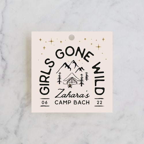 This is a champagne wedding favor tags with standard by Kelsey Mucci called girls gone wild printing on signature in tag