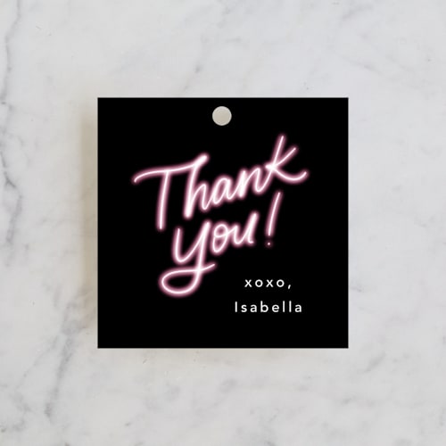 This is a midnight wedding favor tags with standard by Cindy Reynolds called miami neon printing on signature in tag