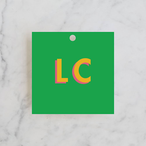 This is a lawn gift tags with standard by mo kelley called bold initials printing on signature in tag