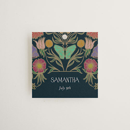 This is a midnight garden gift tags with standard by Simona Camp called gilded tapestry printing on signature in tag