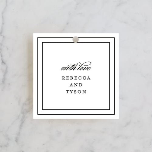 This is a goldenrod wedding favor tags with standard by Kimberly FitzSimons called eloquence printing on signature in tag