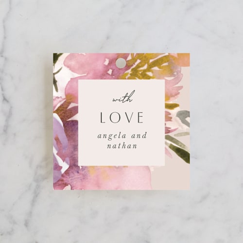 This is a garden wedding favor tags with standard by Lori Wemple called bouquet printing on signature in tag