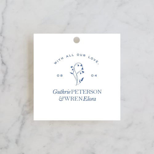 This is a bluebell wedding favor tags with standard by Bramble Studio called bluebell dinner printing on signature in tag