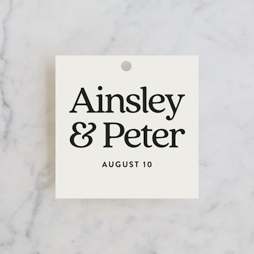 This is a cloud wedding favor tags with standard by Jackie Crawford called stay for cake printing on signature in tag