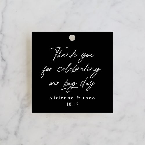 This is a jet wedding favor tags with standard by Lea Delaveris called a formal request printing on signature in tag
