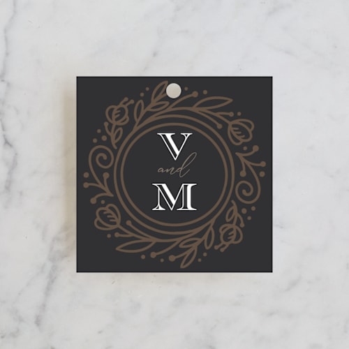 This is a dark chocolate wedding favor tags with standard by Laura Bolter called eternal love printing on signature in tag