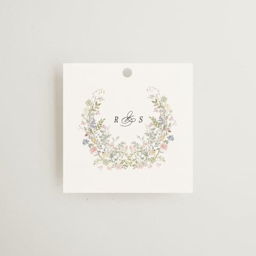 This is a sage wedding favor tags with standard by Lori Wemple called flowering arch printing on signature in tag