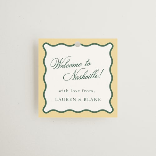 This is a citrine wedding favor tags with standard by Emily Betts called curved frame printing on signature in tag