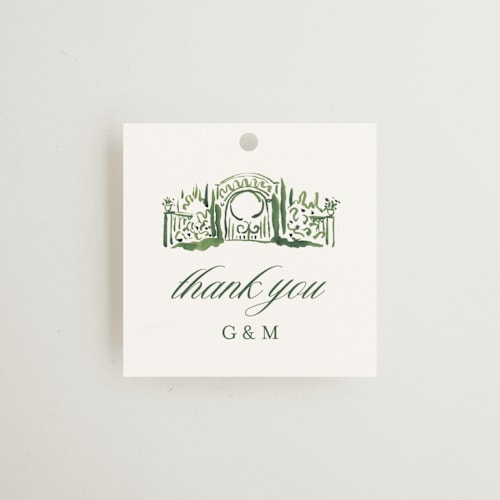 This is a sap wedding favor tags with standard by Becky Nimoy called gates and pillars printing on signature in tag
