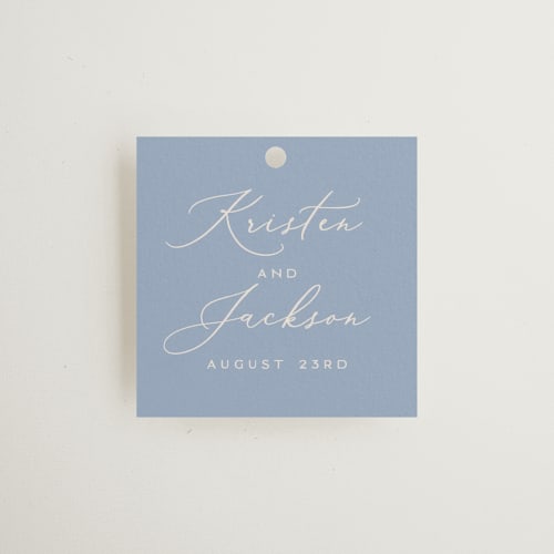 This is a periwinkle wedding favor tags with standard by Hooray Creative called twin border printing on signature in tag
