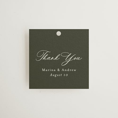This is a deep olive wedding favor tags with standard by Nicole Walsh called refined printing on signature in tag